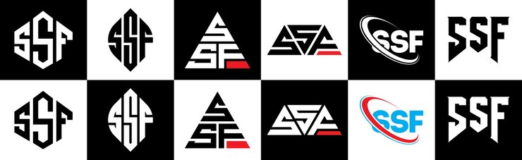 Vector diseño del logotipo de la letra ssf en seis estilos ssf polígono círculo triángulo hexágono plano y estilo simple con variación de color blanco y negro logotipo de letra establecido en un tablero de arte ssf logotipo minimalista y clásico