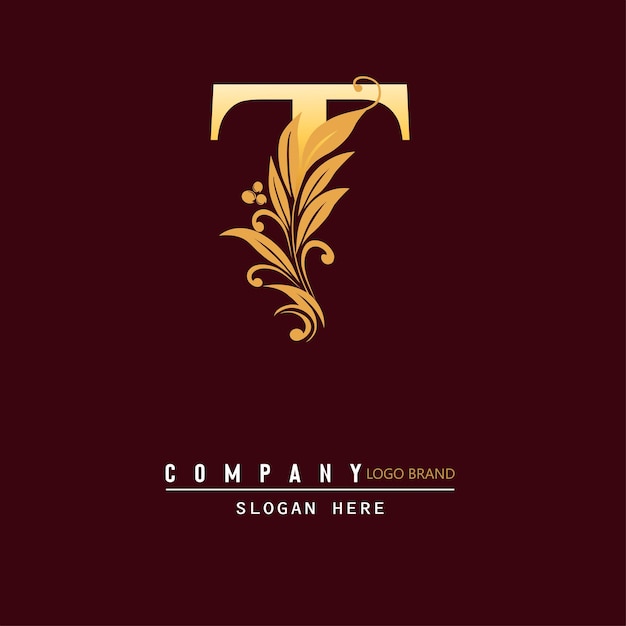 Diseño del logotipo de la letra T en forma de hoja letra T decorativa floral alfabeto lujoso letra T vectorial