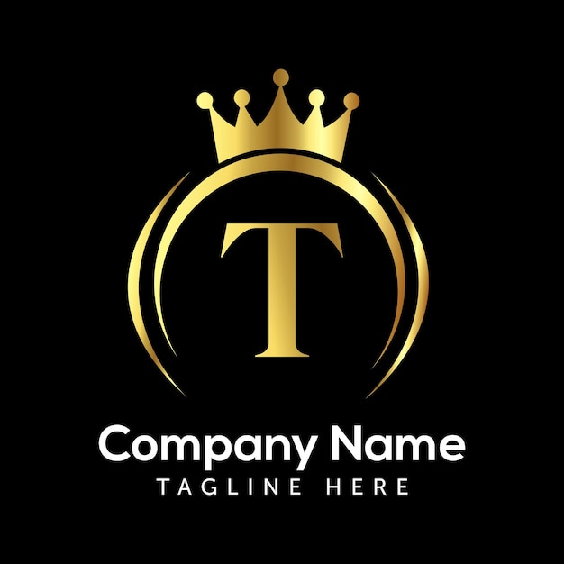 Diseño de logotipo de letra T con vector de corona dorada