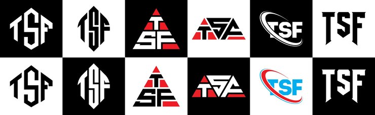 Vector diseño del logotipo de la letra tsf en seis estilos tsf polígono círculo triángulo hexágono plano y estilo simple con variación de color blanco y negro logotipo de letra establecido en un tablero de arte tsf logotipo minimalista y clásico