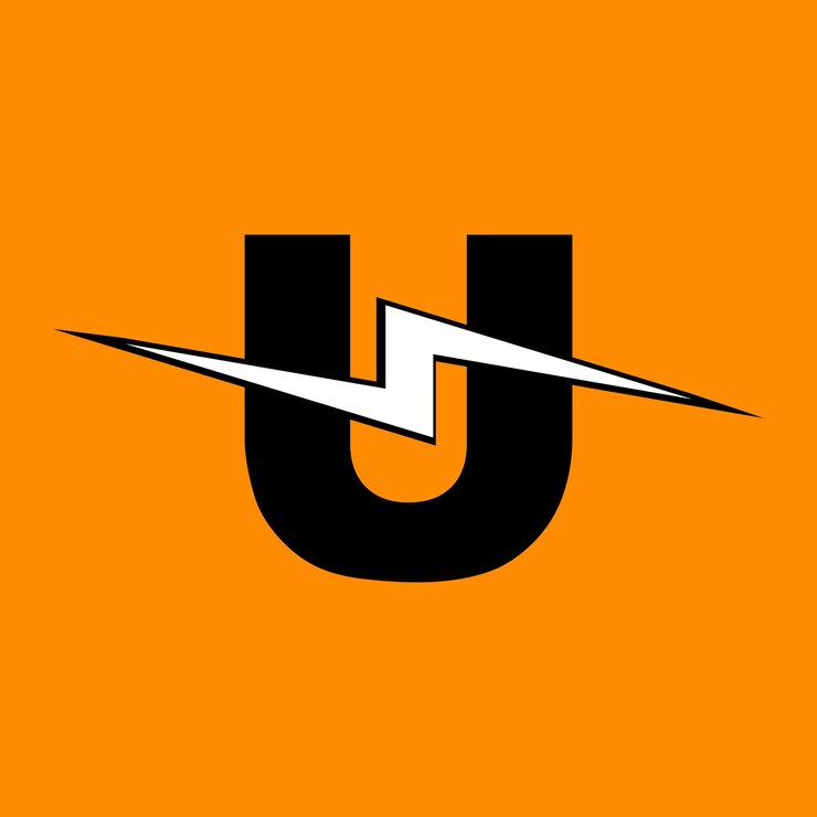 Vector diseño de logotipo de letra u con rayo de iluminación. logotipo de letra de perno eléctrico