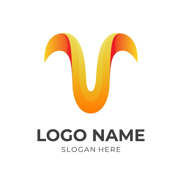 Diseño de logotipo letra V con estilo de color naranja y azul 3d