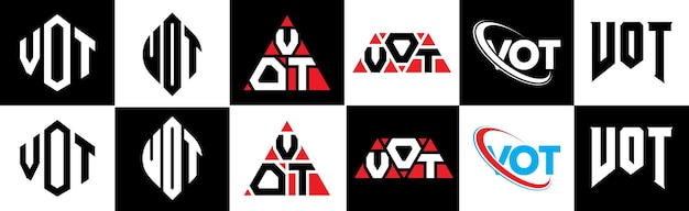 Diseño de logotipo de letra VOT en seis estilos VOT polígono círculo triángulo hexágono plano y estilo simple con variación de color blanco y negro logotipo de carta establecido en un tablero de arte VOT logotipo minimalista y clásico