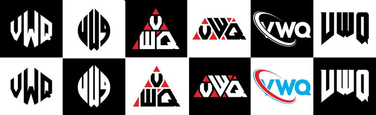 Vector diseño del logotipo de la letra vwq en seis estilos vwq polígono círculo triángulo hexágono plano y estilo simple con variación de color blanco y negro logotipo de letra establecido en un tablero de arte vwq logotipo minimalista y clásico
