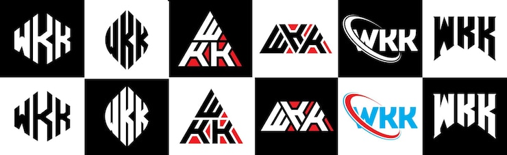 Vector diseño del logotipo de la letra wkk en seis estilos wkk polígono círculo triángulo hexágono plano y estilo simple con variación de color blanco y negro logotipo de letra establecido en un tablero de arte wkk logotipo minimalista y clásico