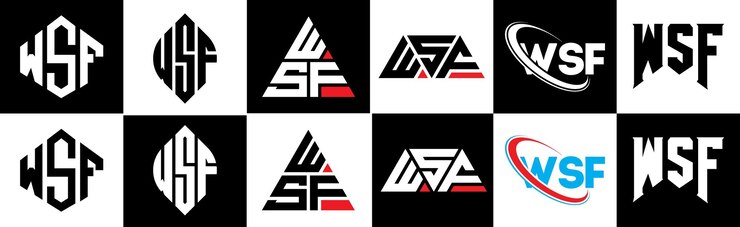Vector diseño del logotipo de la letra wsf en seis estilos wsf polígono círculo triángulo hexágono plano y estilo simple con variación de color blanco y negro logotipo de letra establecido en un tablero de arte wsf logotipo minimalista y clásico