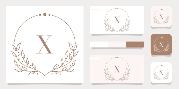 Diseño de logotipo de letra x de lujo con plantilla de marco floral, diseño de tarjeta de visita