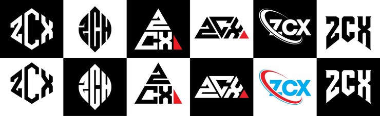 Vector diseño del logotipo de la letra zcx en seis estilos zcx polígono círculo triángulo hexágono plano y estilo simple con variación de color negro y blanco logotipo de letra establecido en un tablero de arte zcx logotipo minimalista y clásico