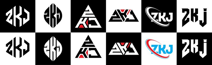 Vector diseño del logotipo de la letra zkj en seis estilos zkj polígono círculo triángulo hexágono plano y estilo simple con variación de color negro y blanco logotipo de letra establecido en un tablero de arte zkj logotipo minimalista y clásico