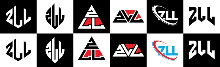 Vector diseño del logotipo de la letra zll en seis estilos zll polígono círculo triángulo hexágono plano y estilo simple con variación de color blanco y negro logotipo de letra establecido en un tablero de arte zll logotipo minimalista y clásico