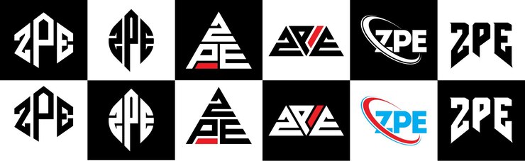 Vector diseño del logotipo de la letra zpe en seis estilos zpe polígono círculo triángulo hexágono plano y estilo simple con variación de color negro y blanco logotipo de letra establecido en un tablero de arte zpe logotipo minimalista y clásico