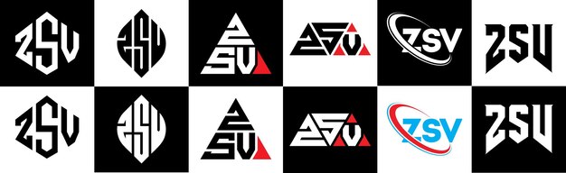 Diseño del logotipo de la letra ZSV en seis estilos ZSV polígono círculo triángulo hexágono plano y estilo simple con variación de color negro y blanco logotipo de letra establecido en un tablero de arte ZSV logotipo minimalista y clásico