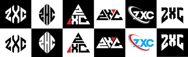 Vector diseño del logotipo de la letra zxc en seis estilos zxc polígono círculo triángulo hexágono plano y estilo simple con variación de color negro y blanco logotipo de letra establecido en un tablero de arte zxc logotipo minimalista y clásico