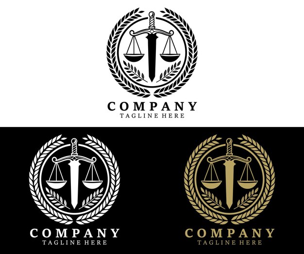 Diseño del logotipo de la ley con el diseño vectorial del símbolo de la corona de la espada Perfecto para la empresa de abogados