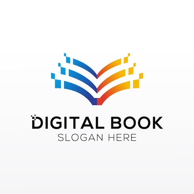 Diseño de logotipo de libro de tecnología digital Libro abierto con páginas y píxeles