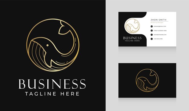 Diseño de logotipo de línea de círculo de ballena de lujo con plantilla de tarjeta de visita
