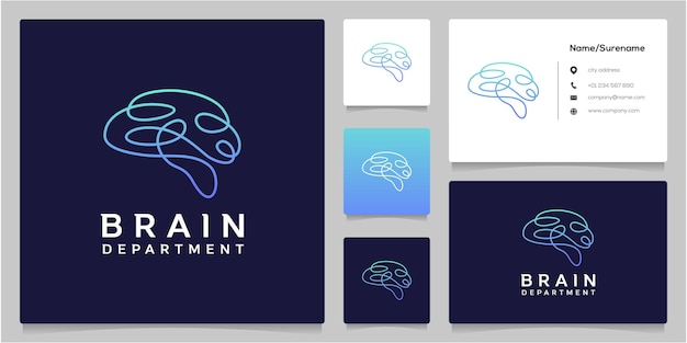 Diseño de logotipo de línea continua Brain Tech con tarjeta de visita