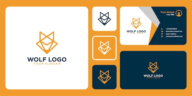 Diseño de logotipo de lobo con estilo de arte lineal y tarjeta de visita.