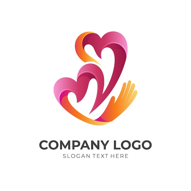 Diseño de logotipo love care logotipo de combinación de amor y mano con estilo de color rojo y naranja 3d