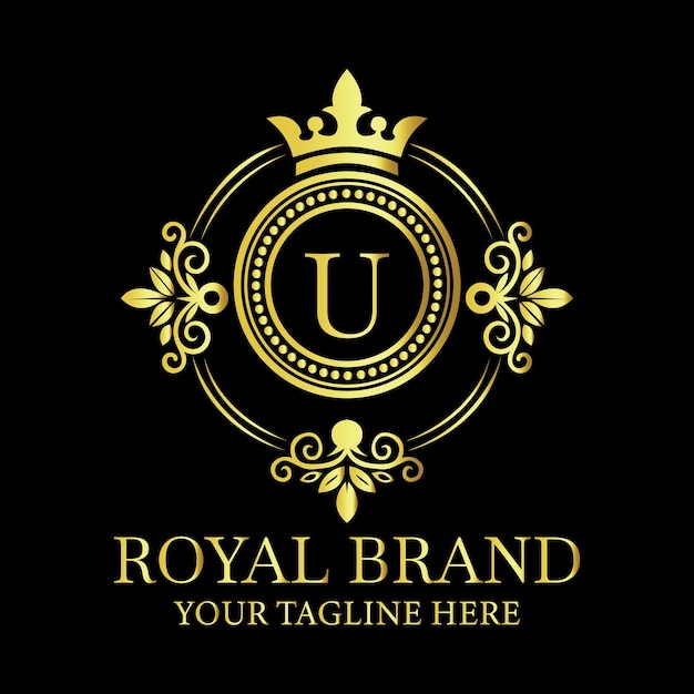 Diseño del logotipo de lujo de la marca real con la letra dorada U y la corona decorativa para negocios premium
