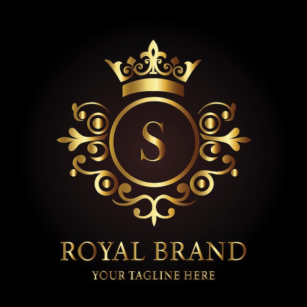 Diseño del logotipo de lujo de la marca real S con monograma dorado y detalles elegantes de la corona para la identidad premium