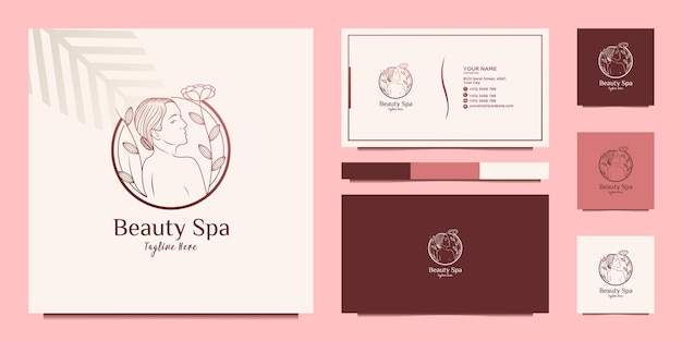 Vector diseño de logotipo de lujo monoline de mujer de belleza y tarjeta de visita.