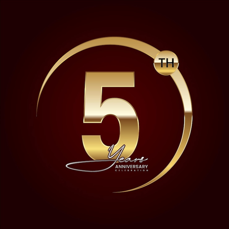 Vector diseño de logotipo de lujo del quinto aniversario con anillo dorado plantilla de vector de logotipo de texto de estilo manuscrito