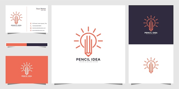Diseño de logotipo de luz y lápiz con estilo de línea y tarjeta de visita.