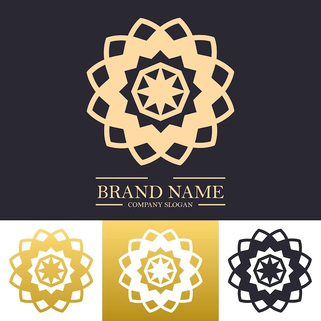Diseño de logotipo de mandala abstracto de lujo en color dorado y concepto floral estrella