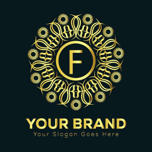 Diseño de logotipo de mandala de oro de lujo F ideal para una marca sofisticada e identidad empresarial de primera calidad