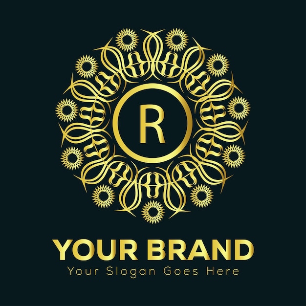 Diseño de logotipo de mandala de oro de lujo R ideal para una marca sofisticada e identidad empresarial de primera calidad