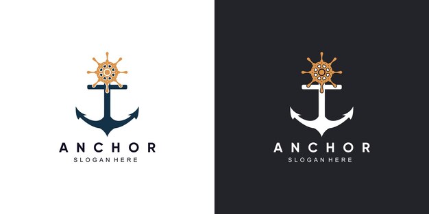 Diseño de logotipo marino de ancla con dirección de rueda de brújula de icono y barco