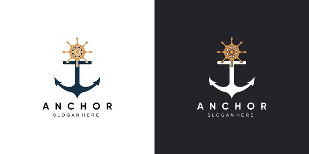 Diseño de logotipo marino de ancla con dirección de rueda de brújula de icono y barco