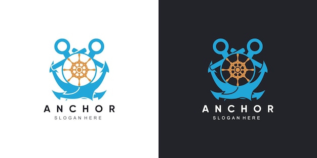 Diseño de logotipo marino de ancla con dirección de rueda de brújula de icono y barco
