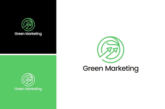 diseño de logotipo de marketing verde, plantilla de vector de concepto de logotipo de crecimiento de hoja y flecha natural