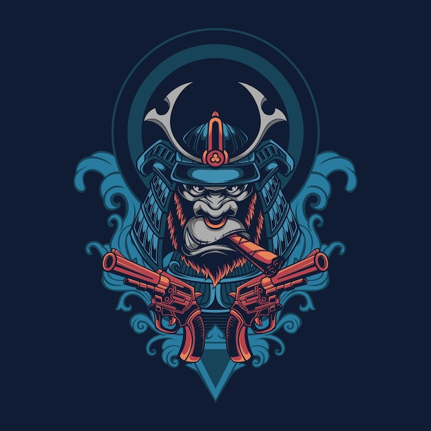 Diseño del logotipo de la mascota de la camiseta de la ilustración del gorila del samurai japonés