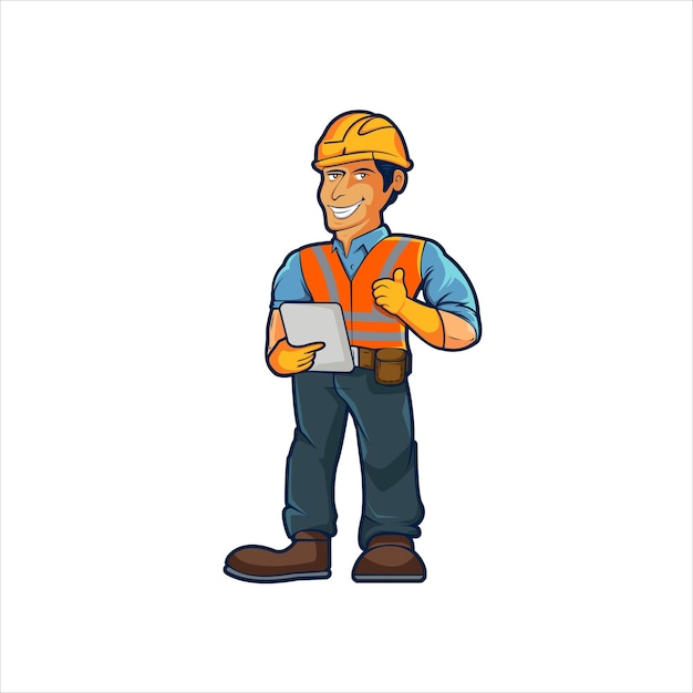 Vector diseño de logotipo de mascota de contratista personaje de dibujos animados de trabajador de construcción