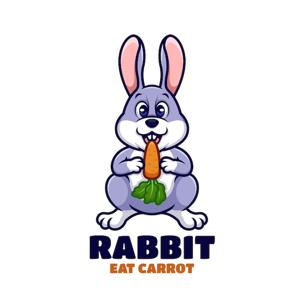 Diseño de logotipo de mascota de dibujos animados de conejo come zanahoria