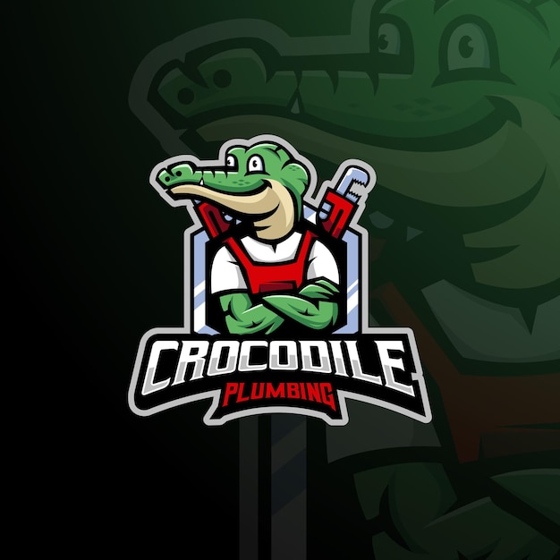 Diseño del logotipo de la mascota de dibujos animados de Crocodile Plumbing Vector de ilustración