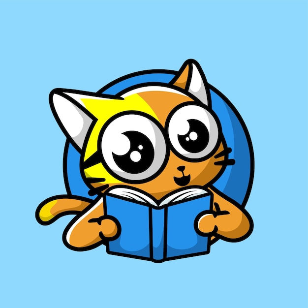 Diseño de logotipo de mascota de dibujos animados de libro de lectura de gato lindo, estilo de diseño plano