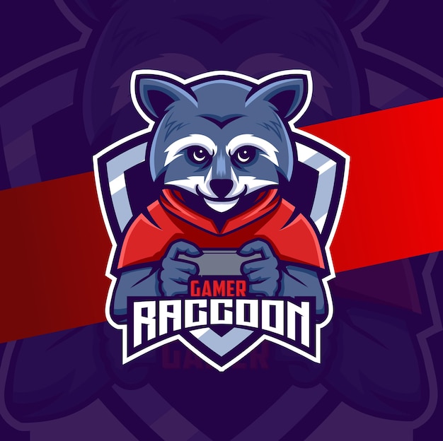 Diseño de logotipo de mascota de esport de personaje de jugador de mapache