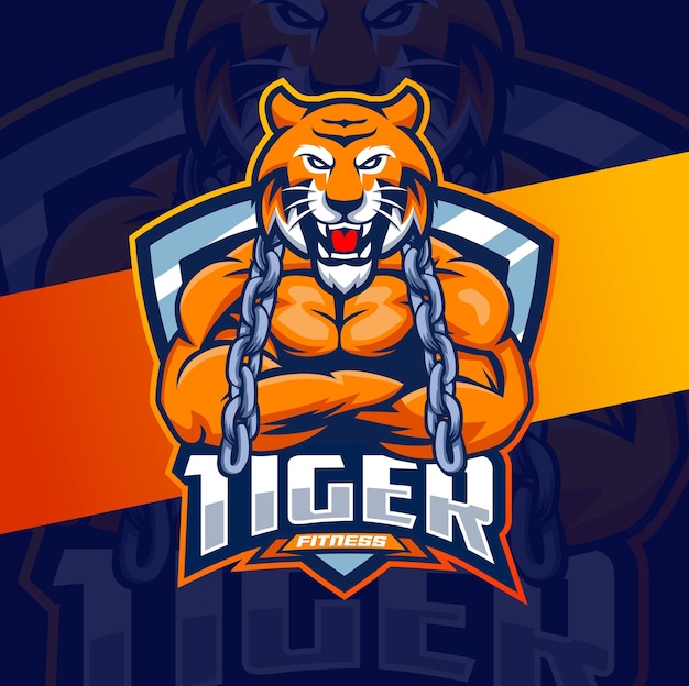 Diseño de logotipo de mascota de personaje de fitness fuerte tigre para juego de culturismo físico y logotipo deportivo