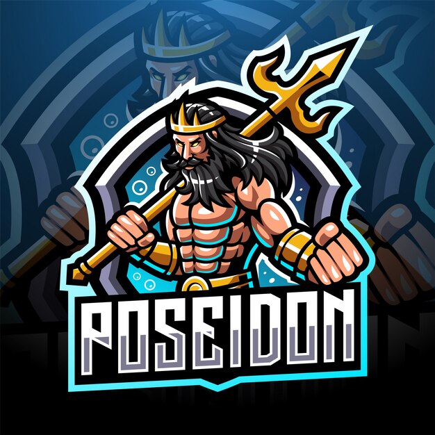 Diseño de logotipo de mascota Poseidon esport con arma tridente