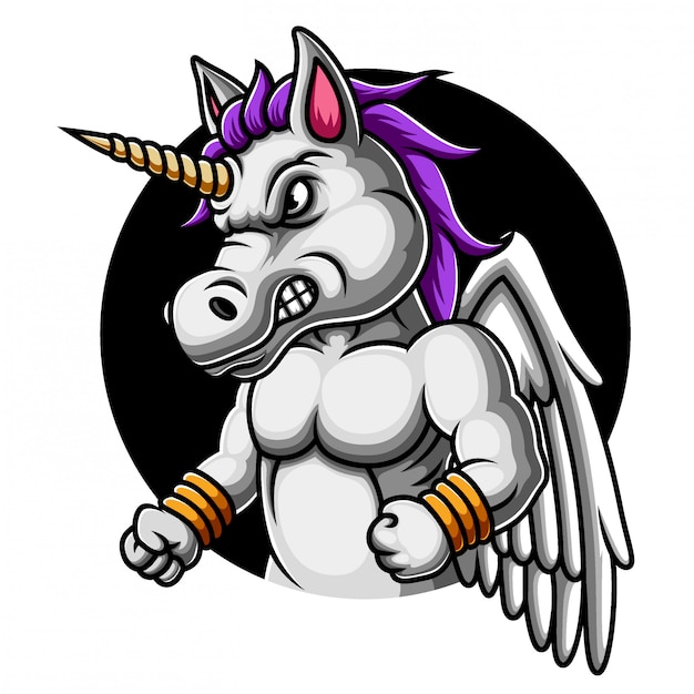 Diseño de logotipo de mascota de unicornio enojado