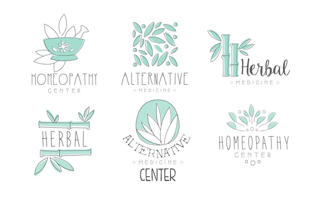 Diseño de logotipo de medicina alternativa conjunto de medicina herbal homeopatía centro vector dibujado a mano Ilustraciones aisladas en un fondo blanco