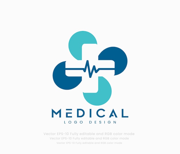 Diseño de logotipo médico con corazón y cruz.