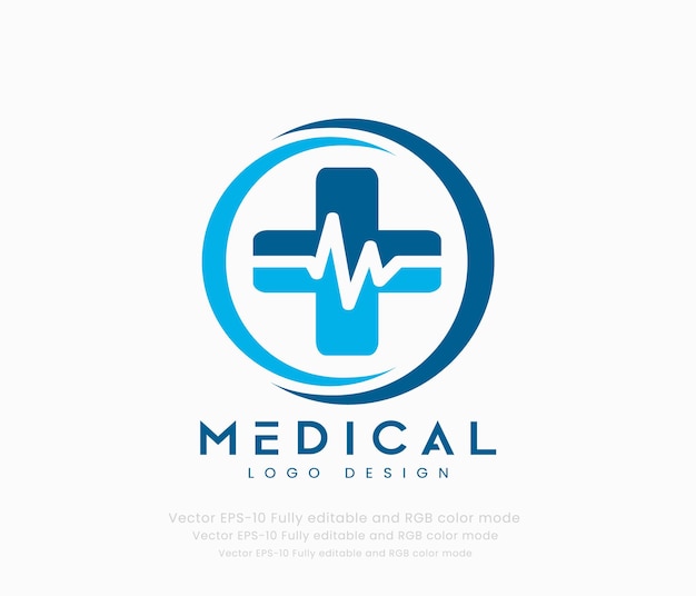 Diseño de logotipo médico con corazón y cruz.