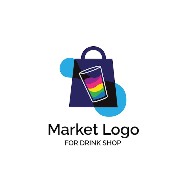 Vector diseño de logotipo de mercado de bebidas con bolsa de compras e ilustración de jugo colorido