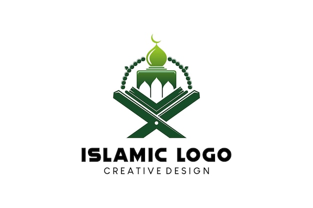 Diseño de logotipo de mezquita con mesa de corán para símbolo islámico