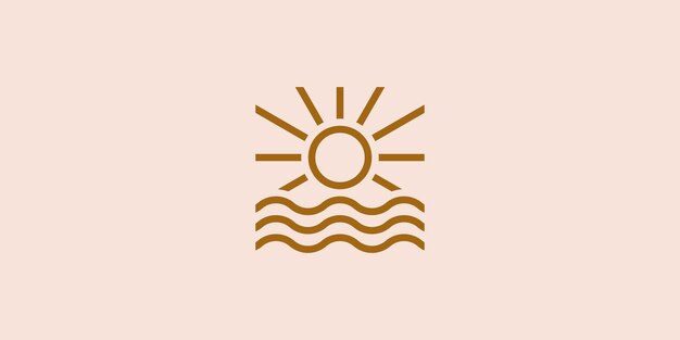 Diseño de logotipo minimalista de amanecer o puesta de sol con olas del océano